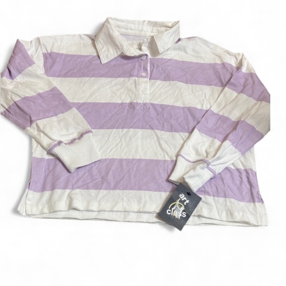 NWT Art Class Lavender And White Long Sleeve Polo 100% Cotton Youth Size 8